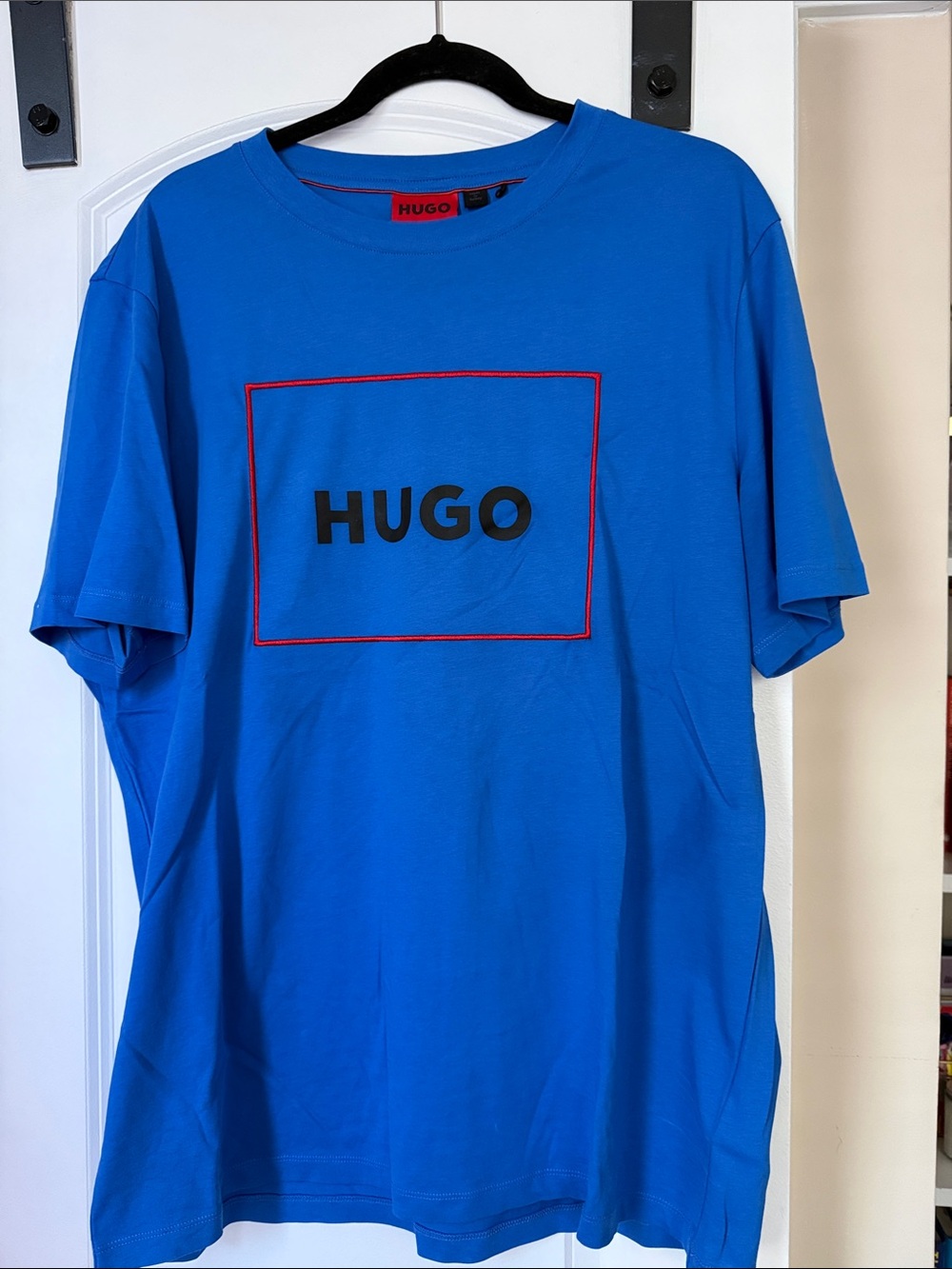HUGO BOSS Men's Bright Blue Logo Box T-Shirt with Red Trim
